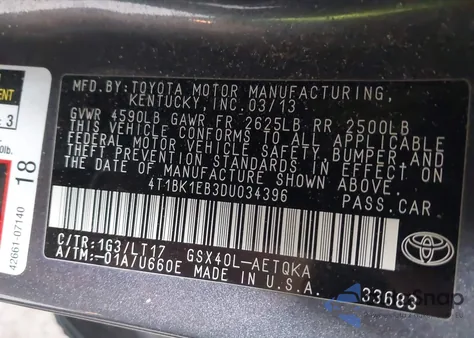 2013 Toyota Avalon Xle Touring from USA, damaged, VIN 4T1BK1EB3DU034396